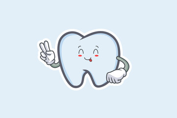 YUM, TONGUE, CHEERFUL Face Emotion. Peace Hand Gesture. Tooth Cartoon Drawing Mascot Illustration.