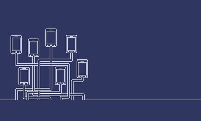 Social media network. Growth background with lines and phone silhouettes. Connected symbols for digital, interactive and global communication concept.