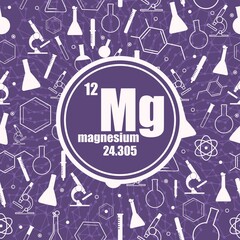 Magnesium chemical element. Sign with atomic number and atomic weight. Chemical element of periodic table. Connected lines with dots. Circle frame with icons.
