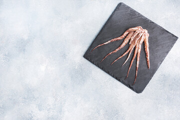 Raw squid tentacles on a black slate board. copy space Top view. Grey background.