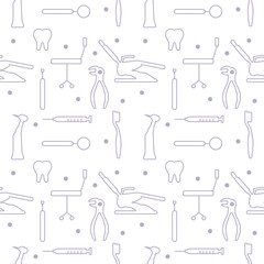 Dental care, Orthodontics Seamless Pattern with Line Icons. Dentist, Medical Equipment, Braces, Tooth Prosthesis, Floss, Caries Treatment, Toothpaste.