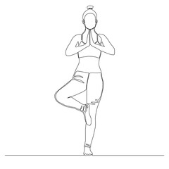 Continuous line of woman doing Yoga in tree pose vector. Vrikshasana Pose.
