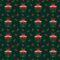Fototapeta na wymiar Folklore patter with flowers on a green background. Fantasy vector drawing. For fabric, scrapbooking, decor and wrapping paper. 