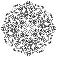 Mandala with hearts and patterns in the form of drops, antistress coloring page for Valentine's day