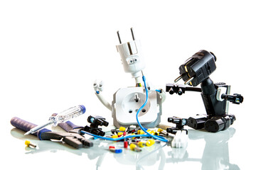 funny miniature craftsman, built from tools and materials