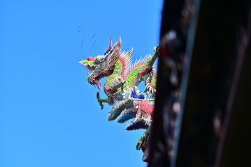 Longshan Temple, Taipei, Taiwan - January 15, 2021: Dragon-shaped Cochin pottery on the eaves of Longshan Temple.