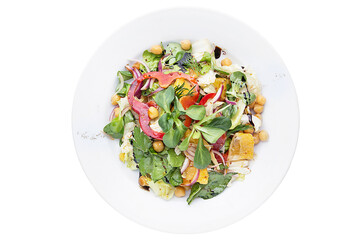 Light salad with fresh herbs and mild sauce. Restaurant service concept. Isolated.