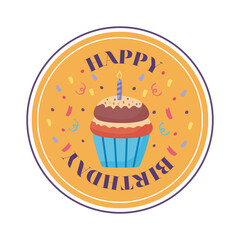 happy birthday badge circle with delicious cupcake