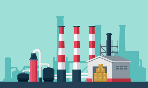 Flat vector illustration of a processing plant complex. Suitable for design element from chemical company factory backgrounds, oil and gas processing, and modern warehouse construction.