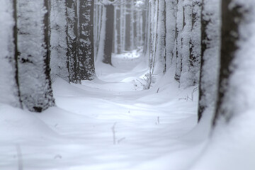 White snow winter morning in the pine forest, and path leadis through the forest trees growing on a cold, misty day in the nature of the belgian ardennes Coo province liège
