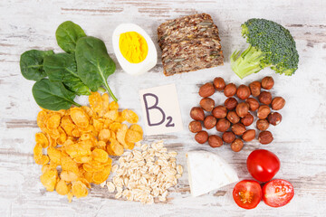 Healthy ingredients as source minerals, vitamin B2 and dietary fiber, nutritious eating concept