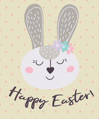  Greeting card with an Easter bunny.Happy Easter. The Easter bunny. Vector illustration. Easter design, printing, postcards, stickers, invitations