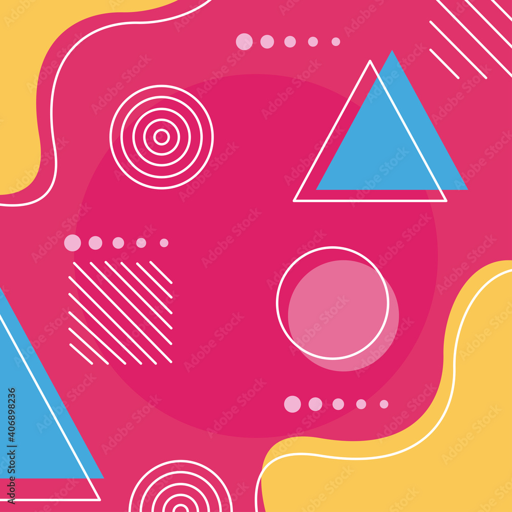 Poster memphis background fuchsia color with geometric shapes