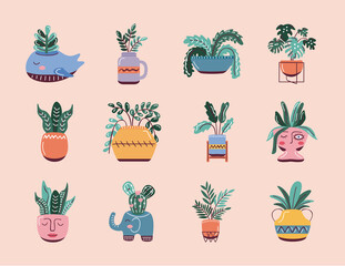 icons of house plants, scandinavian style