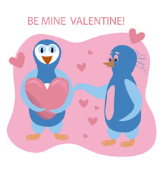 Couple Penguins Children Vector Illustration Valentine's Day Pink Background Hearts Girl Boy Blank Print Web Design Greeting Card February 14