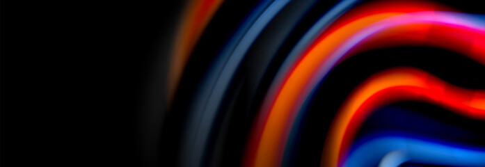Dynamic motion abstract background. Color blurred stripes on black. Wave liquid lines poster. Vector illustration