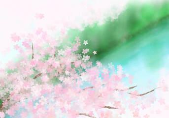 春爛漫満開の桜　川沿いの道や橋、湖畔、池のほとりなど高いところから見下ろした水辺の桜の花　新しい出発や変化を思わせる清々しい春の景色