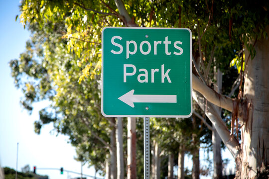 Sports Park sign in green with arrow pointing camera left with green tree in backgound. Horizontal image