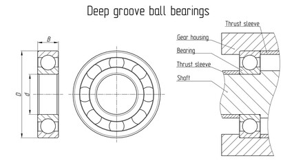 Deep groove ball bearing. General drawing and installation diagram. Vector technical sketch.