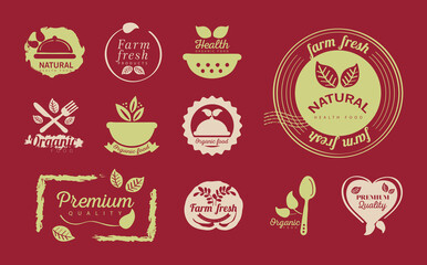 organic food, set labels and badges on red background