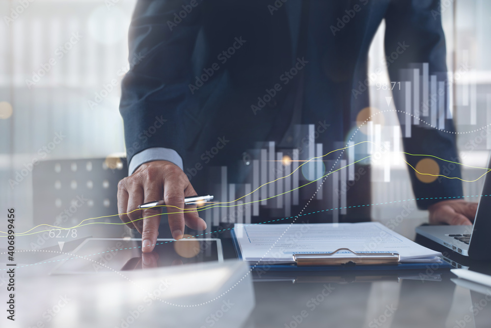Poster business analysis concept. businessman analyzing sales data, financial report with stock market grap