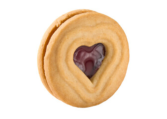Cookies. Cookie Hearts shape Red jam or strawberry jelly inside biscuit cookie. Homemade baking. Sweet bakery. Top view on white background.
