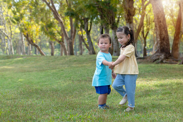 Fototapeta premium Sister and brother holding hands and walking on the green lawn in the summer