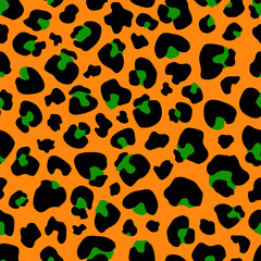 Seamless pattern Leopard print . Leopard orange background with green spots vector illustration