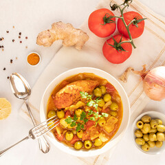 Traditional tagine plate with chicken, lemon and olive