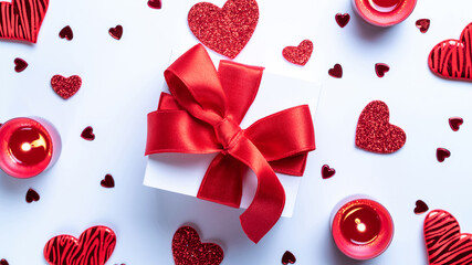 Saint Valentin background: red love hearts, romantic gift box, candle on white table. Romantic...
