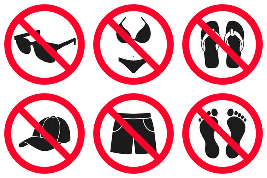 Prohibition symbols to control beachwear: no caps, no bikinis, no shorts, no walking barefoot, no slippers, no glasses. Set of vector signs.