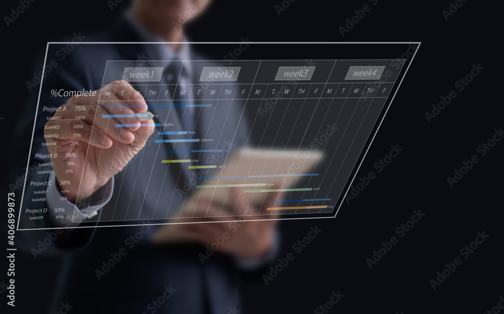 Poster businessman project manager working with gantt chart virtual screen interface