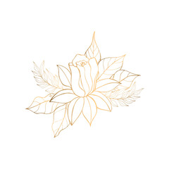 Hand drawn golden floral illustration with bouquet of tropical flower and leaves. Vector illustration