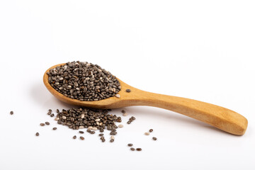 chia seeds in wooden spoon Isolated on white background