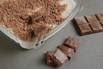 
delicious dessert of three milk with striped chocolate.