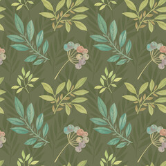 Seamless watercolor pattern, composition of green leaves and branches.Suitable for wrappers, wallpapers, postcards, greeting cards, prints, wrapping paper, textiles.