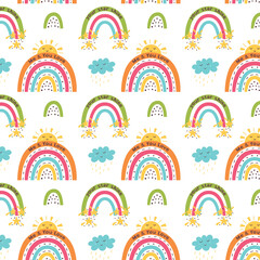 Colorful rainbow pattern with cloud, sun, stars. Kids nursery. Hand drawn design for wallpaper, fabric, wrapping, apparel. Baby shower. Vector illustration with white background