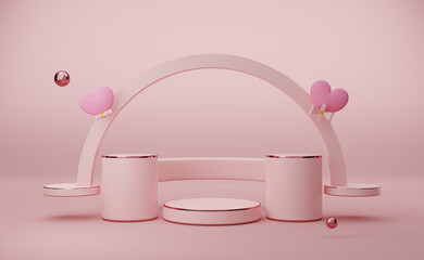 Podium empty with heart shaped balloon in pink pastel composition valentine's day concept ,abstract showcase background ,3d illustration or 3d render