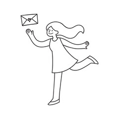 Happy young woman in dress running with love letter. Hand-drawn doodle style illustration for valentine's day concept. Isolated vector line art for social media, card, or print.