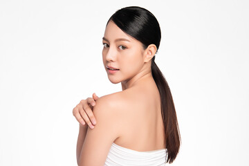 Beautiful young asian woman with clean fresh skin on white background, Face care, Facial treatment,...