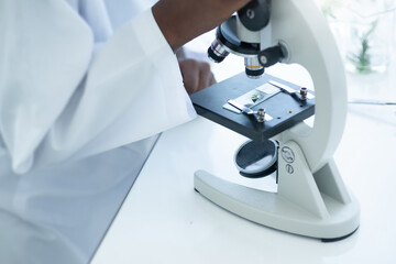 Hand of dark-skinned student learning about plant biology with microscope in laboratories, selective focus