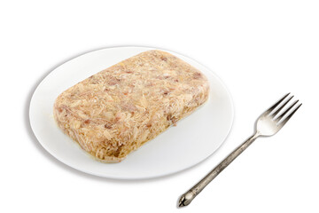 Jelly with meat,beef,chicken, pork aspic, traditional Russian dish, portion on a plate, isolated on a white background