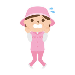 ゴルフ場で働く女性キャディのイラスト。女性は何かに慌てている。