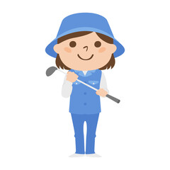 ゴルフ場で働く女性キャディのイラスト。ゴルフクラブを持って立っている女性。