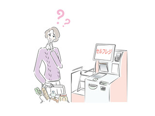 セルフレジの使い方に悩むシニア女性