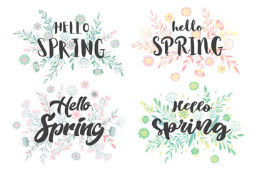 Set of vector illustrations with season lettering Hello spring, hand drawn flowers, leaves and floral elements for greeting card, invitation template, banner and poster