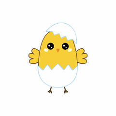 Cute chicken hatched from the shell. Vector character for children in cartoon style.