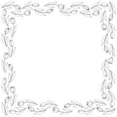 Vector square frame from outline tulips. Spring flowers. Hand drawn doodle isolated. Background, border, decoration for greeting card, coloring pages, Valentine's, Women's or Mother day