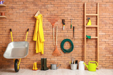 Different gardening supplies in barn