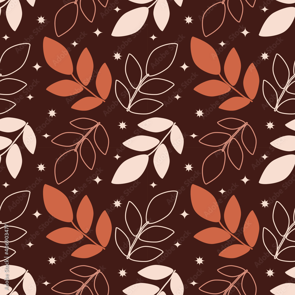 Wall mural vector seamless pattern in boho style with hand drawn stars and plants. pattern for printing on fabr
